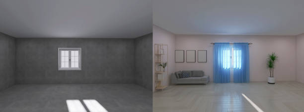 istock Living room before and after renovation 3d render, 3d illustration 1514684553