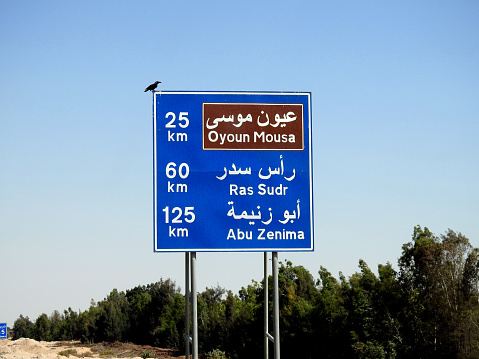 A road traffic board sign in Arabic and English shows the distance to Oyoun Mousa 25 KM, Ras Sudr city 60 KM and Abu Zenima 125 KM on Sharm El Sheikh Road in South Sinai city, Egypt