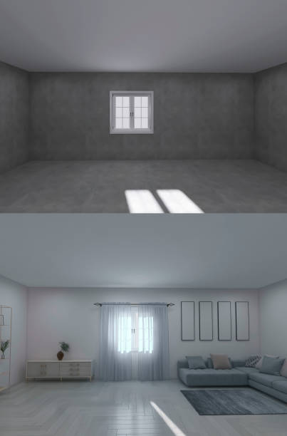 istock Living room before and after renovation 3d render, 3d illustration 1514695131