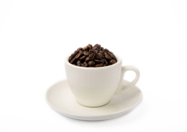 Coffee beans in a coffee cup isolated on white background. Place for copy space. Place for text. MOCAP
