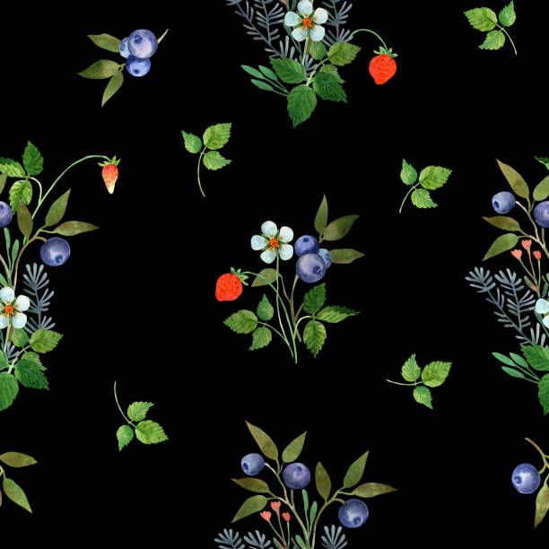 leśny wzór kwiatowy - berry fruit blueberry floral pattern strawberry stock illustrations