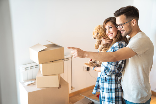 Young handsome man and beautiful smiling woman with a dog making plans for home improvement, standing in an empty apartment with cardboard boxes around.