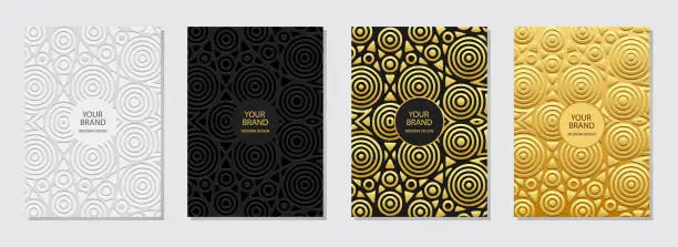 Vector illustration of Cover set, vertical templates. Collection of embossed geometric backgrounds with ethnic 3D pattern from circles, golden texture. Tribal minimalism, traditions of the East, Asia, India, Mexico, Aztec.