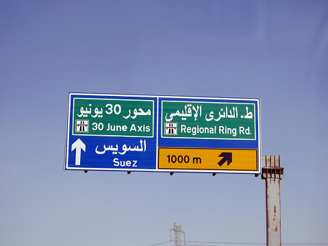 An informative side traffic signboard on Suez Cairo desert highway shows directions to the exit of the regional ring road, June 30th Axis and Suez city in Arabic and English languages, selective focus