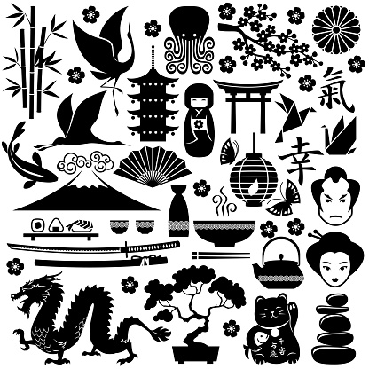 Symbols of Japan depicted in a set of vector flat black icons. Traditional Japanese elements for design, perfect for design projects, travel websites, and cultural theme.