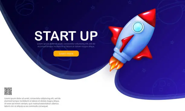 Vector illustration of Startup poster with qr code, buttons and cute spaceship with flames and smoke from turbines launching to the Moon
