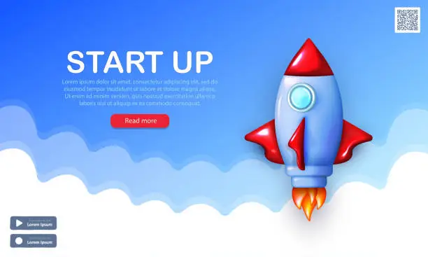 Vector illustration of Startup banner with 3d cartoon glossy rocket flying in blue sky with white clouds.