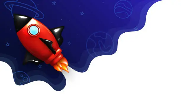 Vector illustration of Startup poster with cute red spaceship launching to the Moon.
