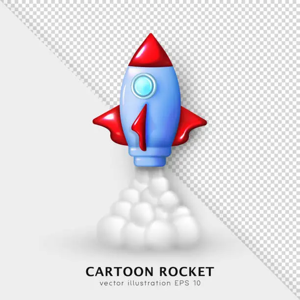 Vector illustration of 3D cartoon glossy rocket with smoke from turbines.