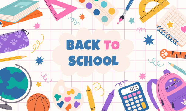 back to school banner template. flat cartoon hand draw illustration. vector background with cute school supplies for study and creativity. perfect for social media, print, flyers, cards. - back to school stock illustrations