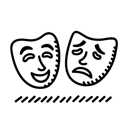 Vector illustration of hand drawn black and white comedy and drama masks against a white background.