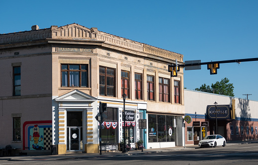Kaysville, Utah, USA- June 26, 2023: Main Street downtown shops Kaysville, Utah.