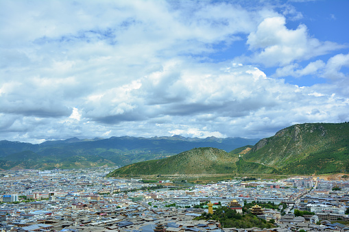 ZHONGDIAN, CHINA - AUG 29, 2016 Beautiful view of the Shangri-La city from the top of the hill. Tibet, China.