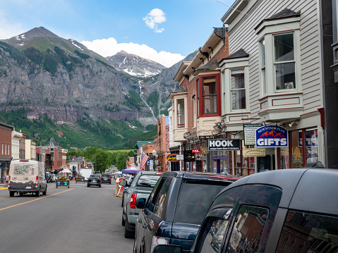 Telluride, Colorado, USA- June 29 2023: Downtown street view of historic Telluride, Colorado.