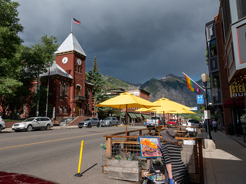 Telluride, Colorado, USA- June 29 2023: Plenaire painter on a downtown street in historic Telluride, Colorado.