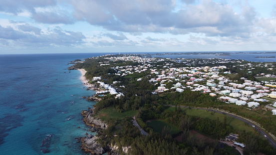 Birdseye view of western Bermuda. Turquoise waters and pink sand beaches.