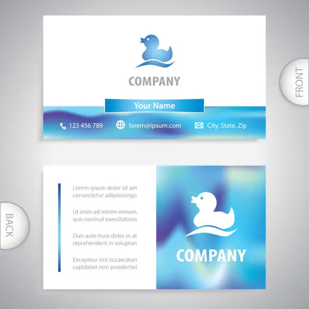 Vector illustration of Business card template. Cute duckling on the water.  Duck symbol for bird farm. Concept for business and commerce.