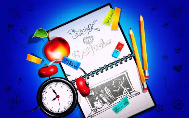 Vector illustration of School education concept in cartoon style. Notebook with freehand drawings and stationery with an alarm clock on an abstract colored background.