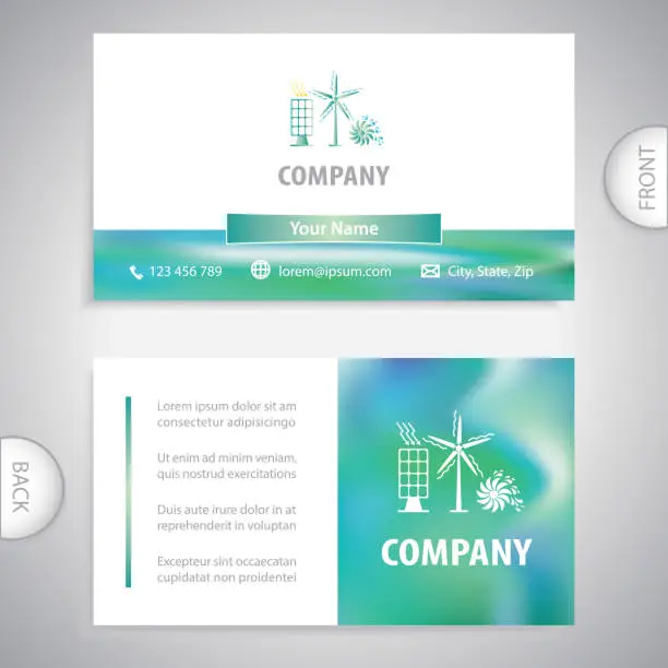 Vector illustration of Business card template. Solar panels, wind turbines, hydroelectric power plants. Set of ecology, ecological problem and green energy icons.