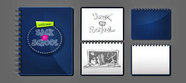 Vector illustration of School education concept in cartoon style. Denim notebook with freehand drawings on an isolated background. Creative stylish vector set.