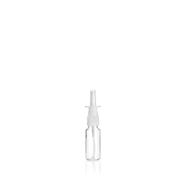 istock Transparent cylindrical small PET bottle with white nasal spray container on white background. Template of a bottle for medical products. 1514973796