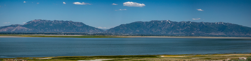 Great Salt Lake, Wasatch Mountains of Weber and Davis Counties beyond. Seen from Antelope Island.