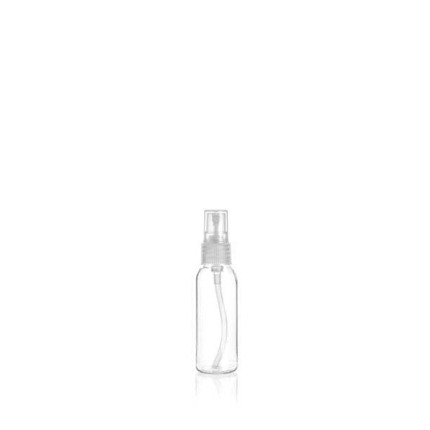 istock Transparent rounded cylindrical PET bottle container with transparent spray pump on white background. Packaging of antiseptic. Template of a bottle for cosmetics and medical products. 1514976124