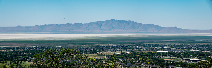 High angle view of Antelope Island in the shrinking Great Salt Lake, Utah.