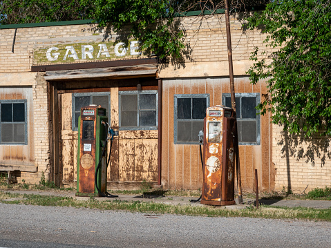 Scipio, Utah, USA- June 29, 2023: Old long abandoned gas station and pump. Scipio, Utah Main Street.