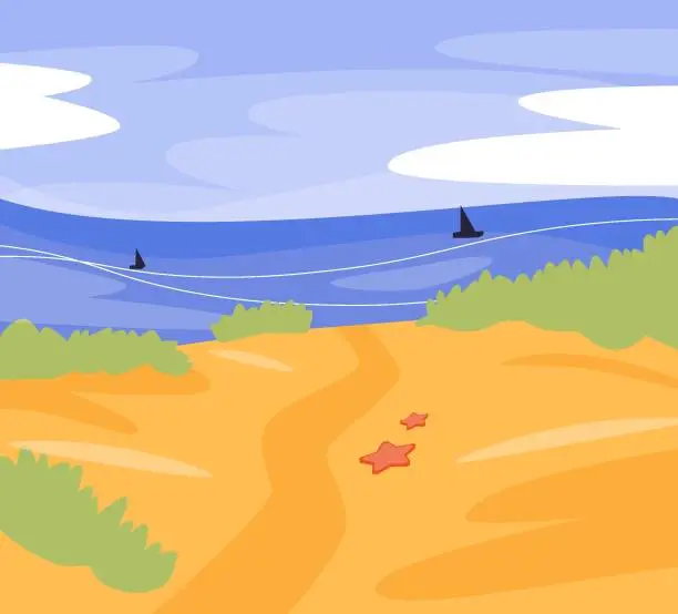 Vector illustration of Vector cartoon style background of sea shore. Good sunny day.