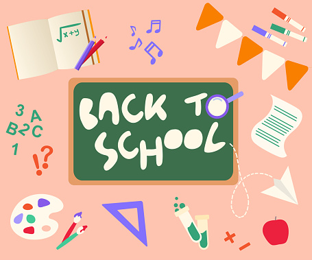 Chalkboard with back to school written and school items around it. Vector illustration.