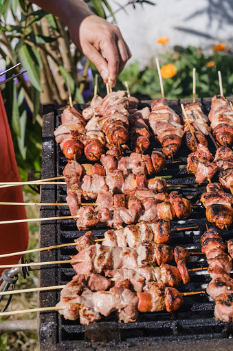 Preparation of Chicken, Meat and Vegetable Kebab on grill