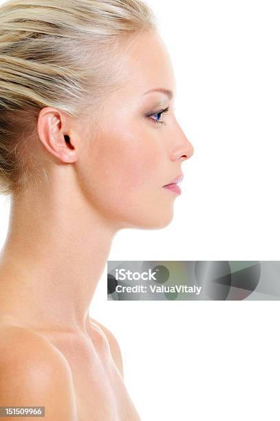 Profile Portrait Of Healthy Caucasian Blonde Woman Stock Photo - Download Image Now - Blond Hair, One Woman Only, White Background