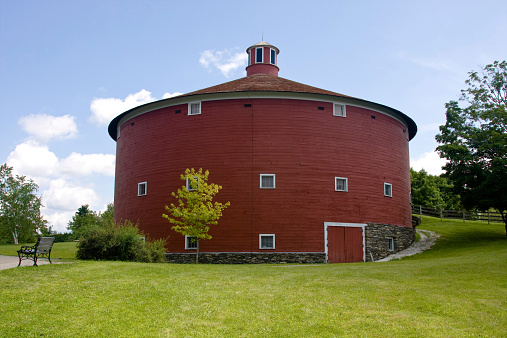 A traditional round barn photographed at Shelburne Museum, Vermont.