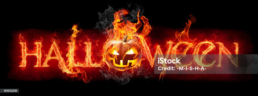 The word Halloween on fire with a pumpkin for the o Series of fiery illustrations Halloween Stock Photo