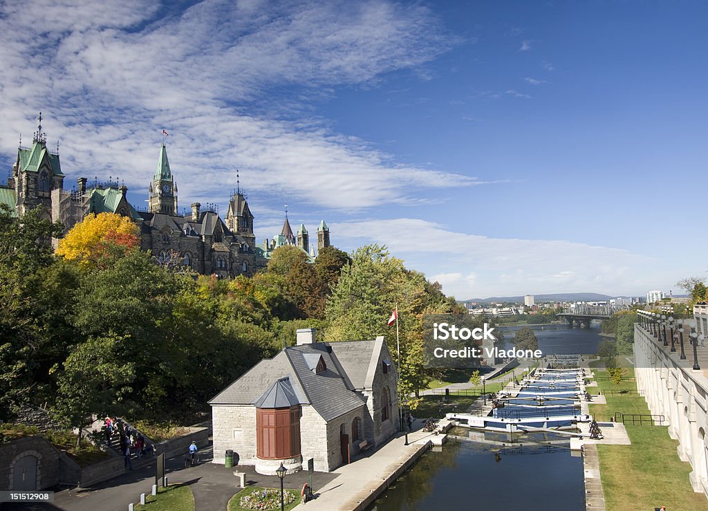 Rideau Canal's locks and Parliament of Canada Rideau Canal's locks and Parliament of Canada in fall Blue Stock Photo