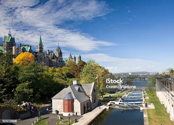 Rideau Canals Locks And Parliament Of Canada Stock Photo - Download Image Now - Blue, Canada, Canal Lock