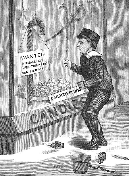 Large Christmas Candy Cane - 19th Century Engraving A small boy ready to fight with a large candy cane. If you read the sign you will get the humor behind this cartoon engraving. Fists closed ready to fight. This was published in 'The Easy Book for Children' published c.1880 by Sunshine Publishing Company. A nice piece for a Christmas article. The image is a high resolution scan and is available at 600dpi. old candy store stock illustrations