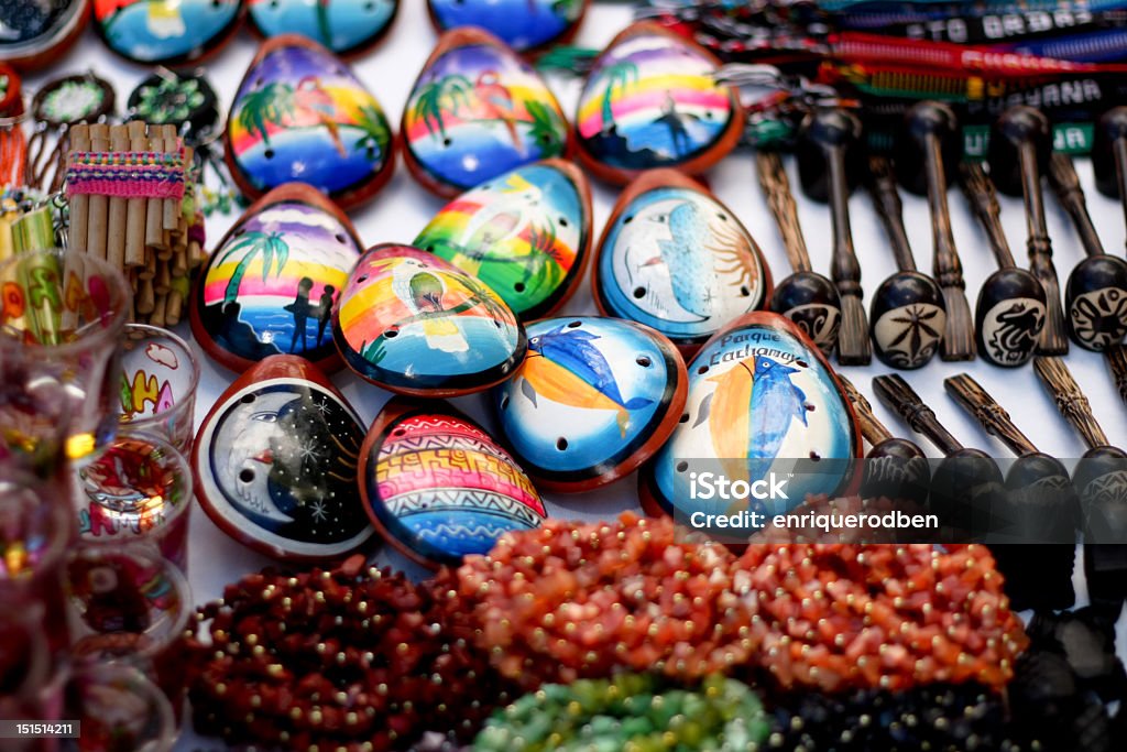 Ocarinas, pipes, necklaces of Venezuela typical craftsmanship of edo. Bolviar, Venezuela Art And Craft Stock Photo