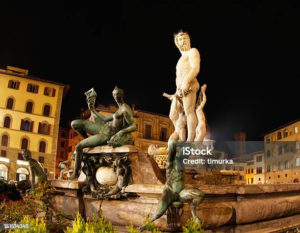 Флоренция Италия Neptune Fountain На Ночь — стоковые фотографии и другие картинки Bartolommeo Platina - Bartolommeo Platina, Архитектура, Большой город