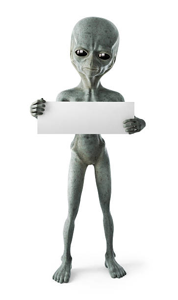 istock A gray alien with a blank sign on a white background 151515123