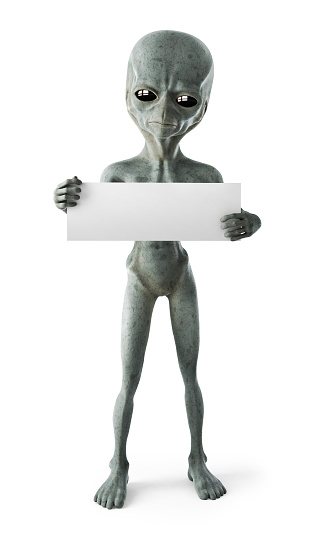Alien stay on the white background in the full-length and hold a blank sign.