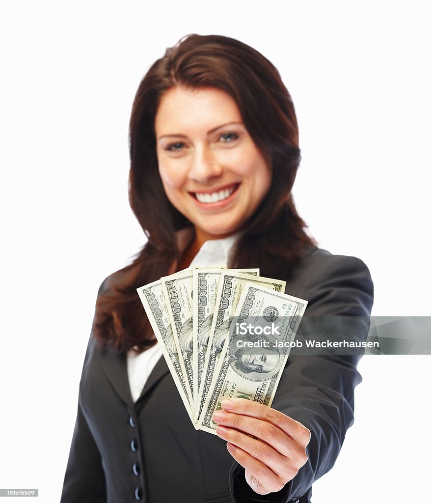 Happy young businesswoman holding cash 20-24 Years Stock Photo