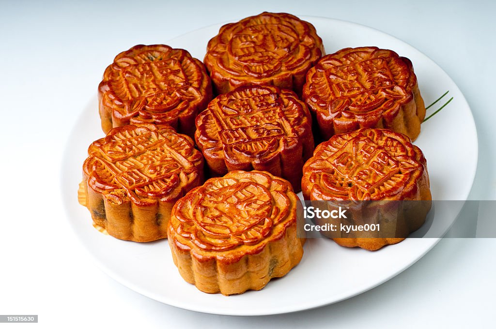 Moon Cakes on a Plate Seven Chinese moon cakes on a plate Cake Stock Photo