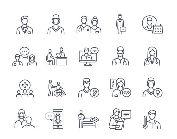 Medical workers set vector Medical workers set. Outline icons with doctors and nurses, surgeons and physicians, optometrists and therapists. Medicine, hospital and health. Linear flat vector isolated on white background instant print black and white stock illustrations