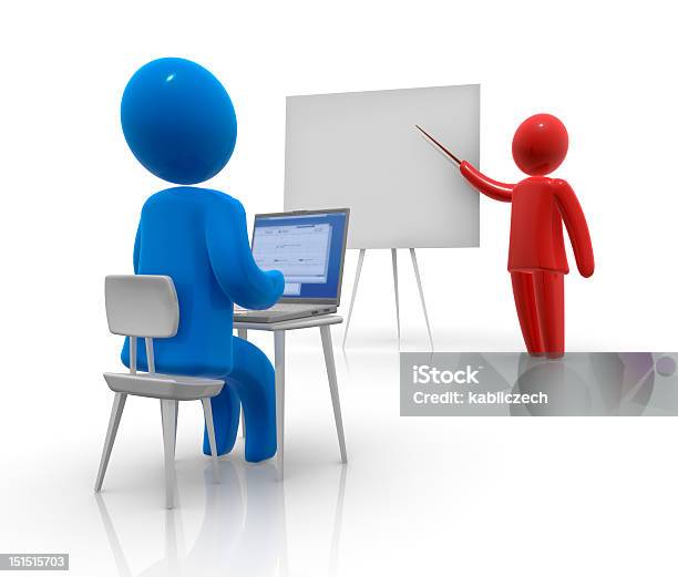 3d Computer Study Concept With Teacher And Student At Desk Stock Photo - Download Image Now