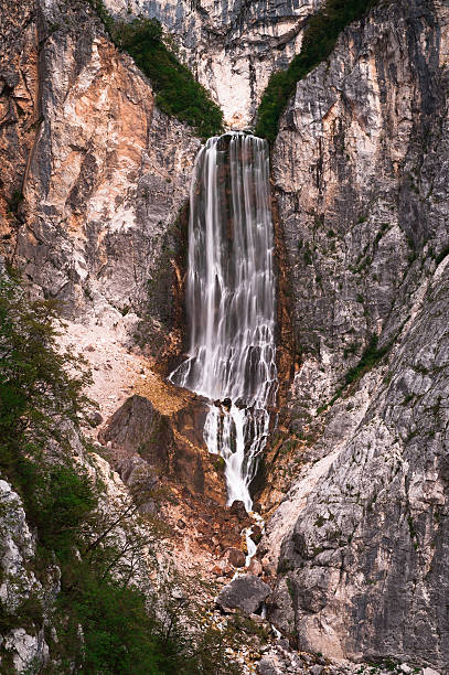 High mountain waterfall. Boka, Slovenia, Triglav national park. stock photo