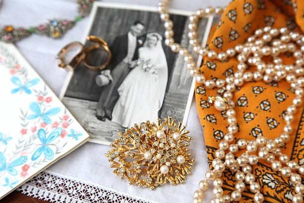 Antique Jewellery from Wedding in 1950's on a table. stock photo