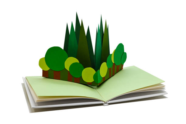 Trees in a pop-up picture book, isolated on white. (The paper craft in the book was made by myself.)