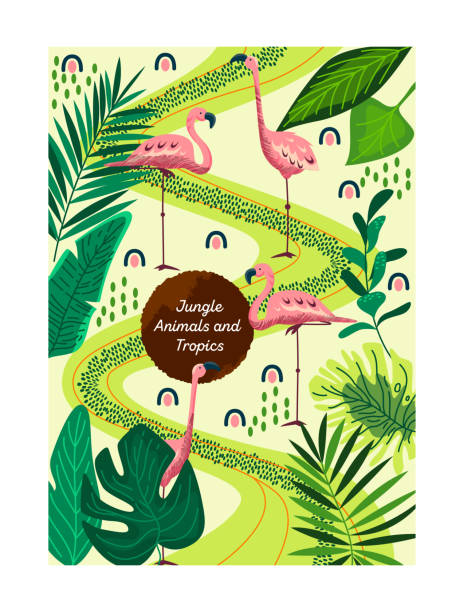 illustrazioni stock, clip art, cartoni animati e icone di tendenza di vettore tropicale del poster della giungla - safari animals asia palm tree animals in the wild